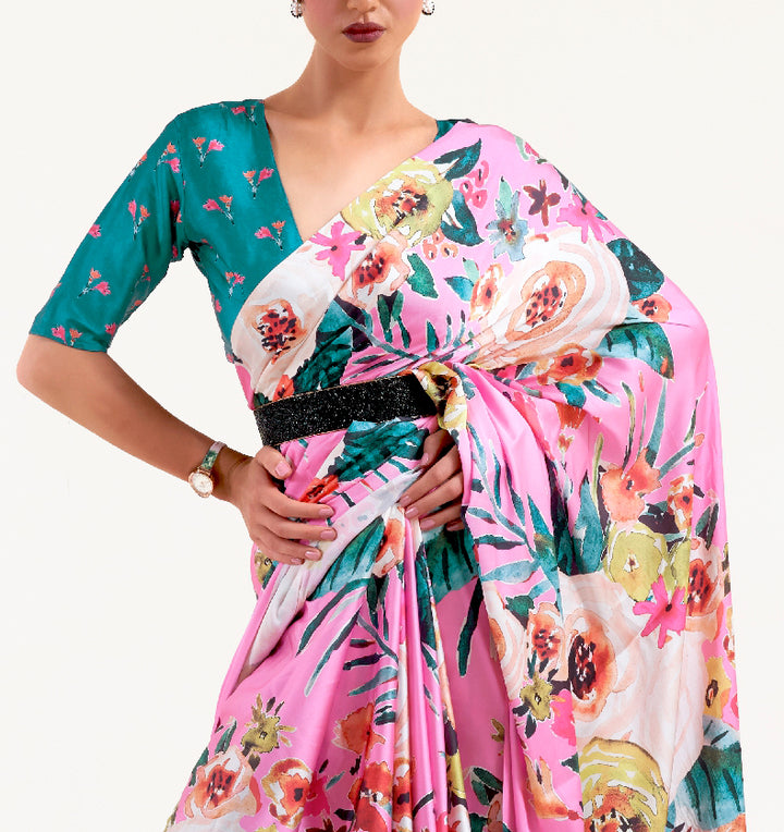 Chic creamy pink digital printed crepe saree with Bollywood-style drape and floral motifs, perfect for parties and gatherings.