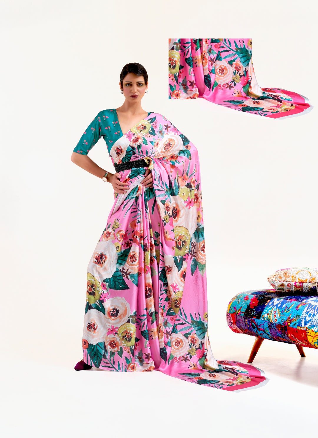 Stylish creamy pink crepe saree showcasing digital floral patterns and Bollywood-inspired drape, ideal for traditional functions.