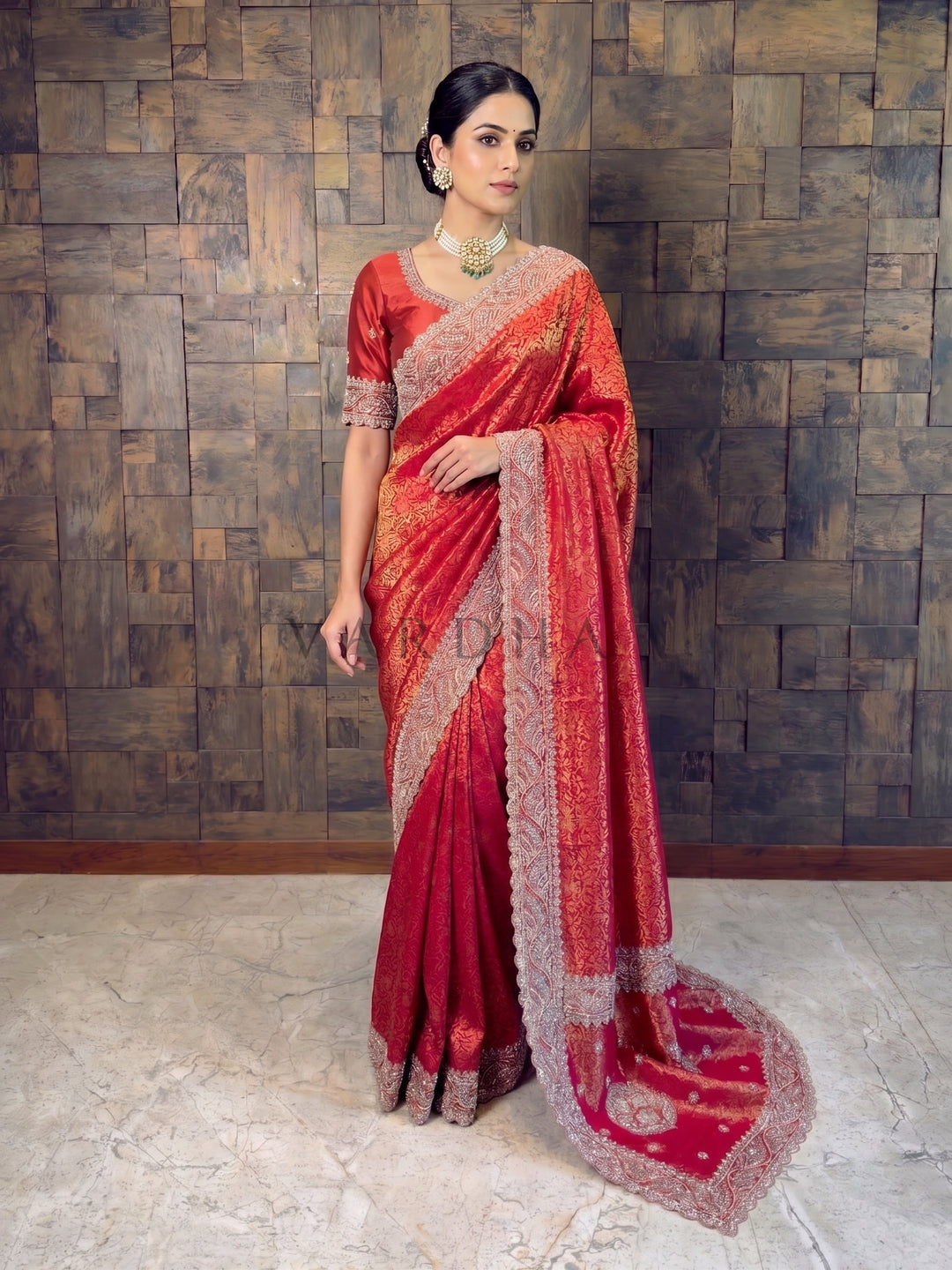 Crimson Red Kanjivaram_Saree with Gold Zari Jaal Scalloped Zircon Border
