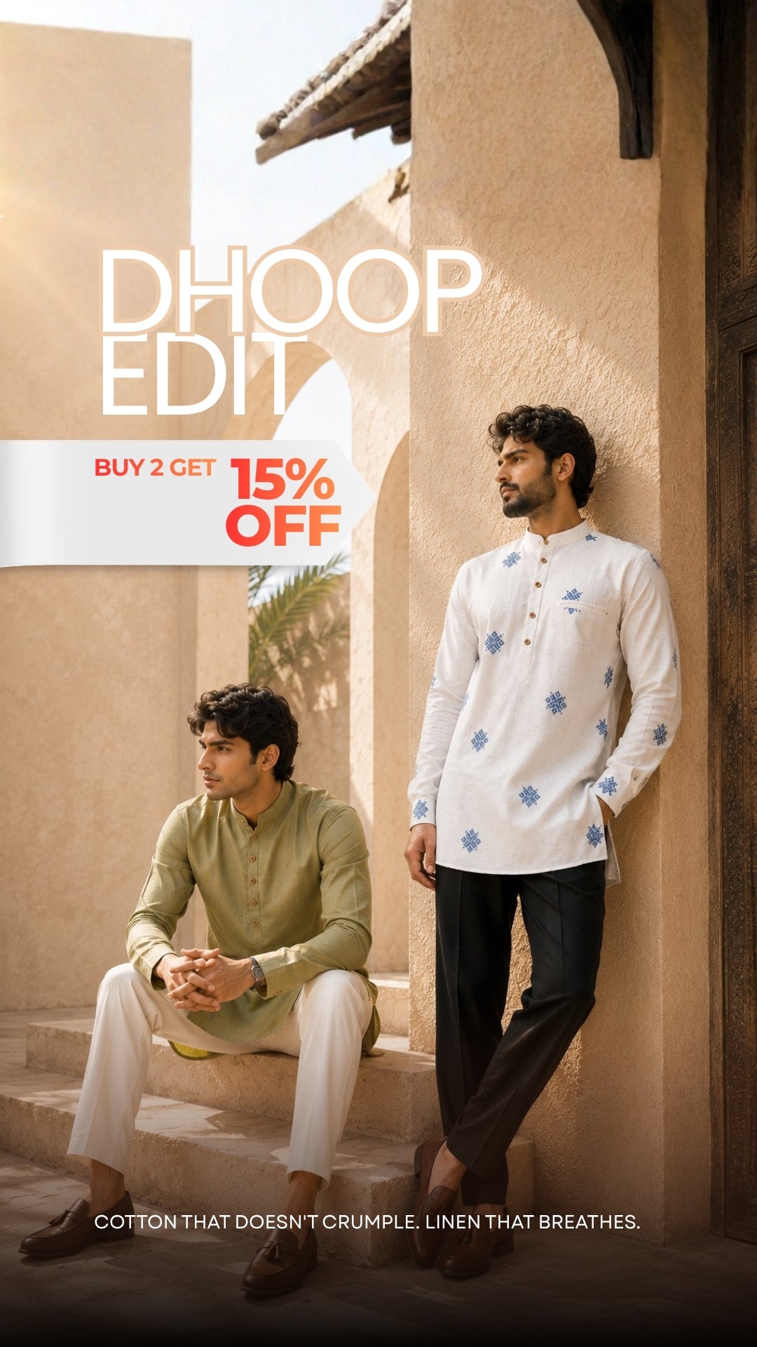 Two men in traditional attire standing in a sunlit architectural setting with promotional text overlay. Shop This Dhoop Edit Collection Short and Long Kurta's for men from House of vardha.