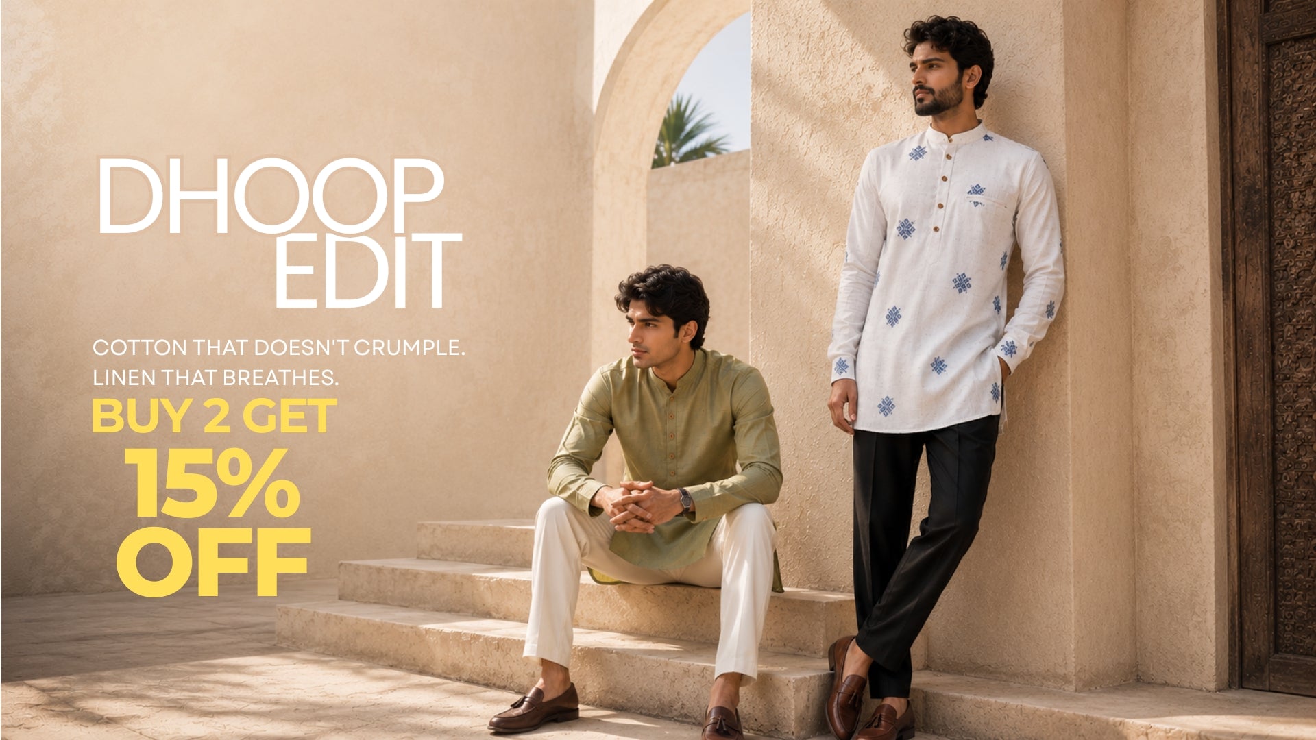 Two men in traditional attire standing in a sunlit architectural setting with promotional text overlay. Shop This Dhoop Edit Collection Short and Long Kurta's for men from House of vardha.