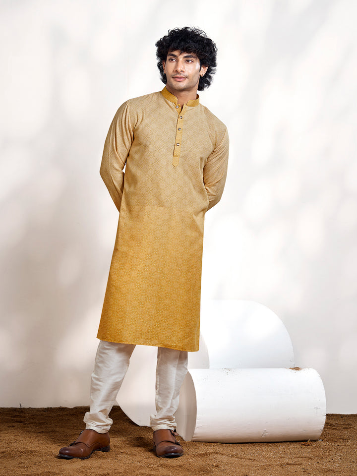 Fawn Yellow Moroccan Pattern Print Shaded Men's Kurta