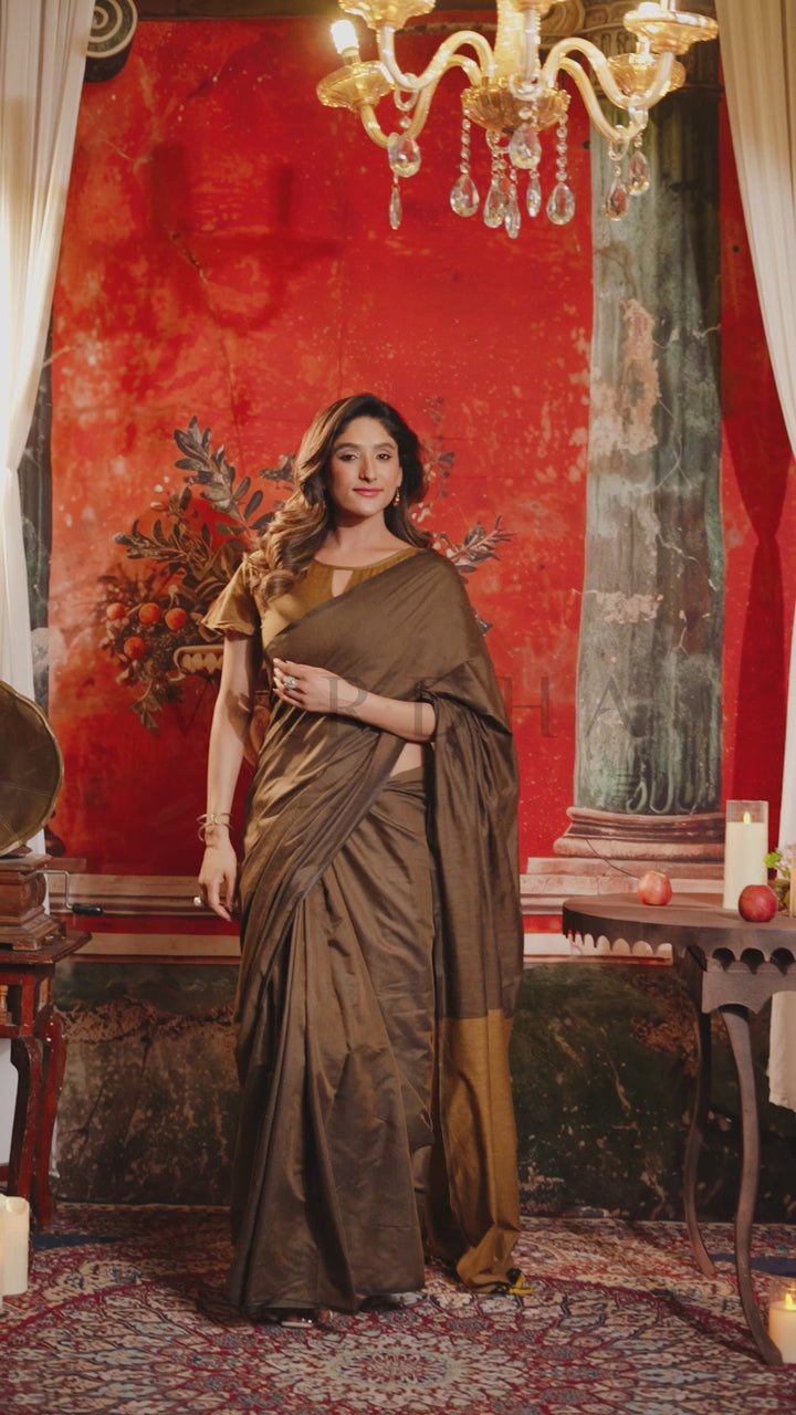 A woman wearing a brown silk saree with a gold embroidered yoke stands in an ornate room with a red wall, chandelier, and patterned rug. Stylish front drape of the lightweight dark brown mal cotton saree, showcasing the earthy dual-tone look for casual cultural outings.