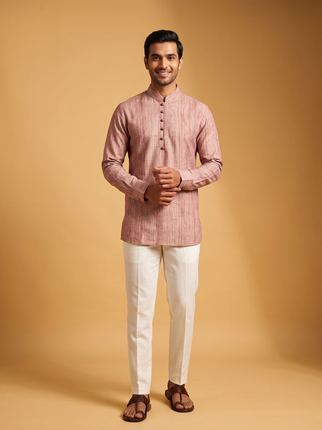 A man modeling a light pink textured kurta with a mandarin collar and button placket, paired with off-white trousers and brown sandals, set against a solid warm beige studio background. A man wearing a dusty cedar textured cotton short kurta paired with white trousers, full-length front view.
