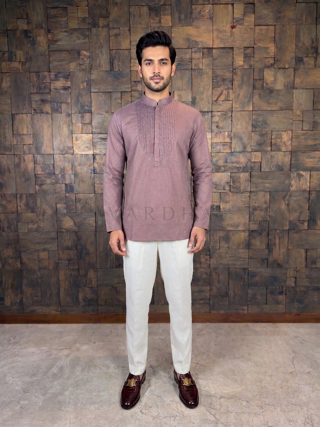Man Wearing Dusty Taupe Cotton Short Kurta with Structured Pintuck Yoke
