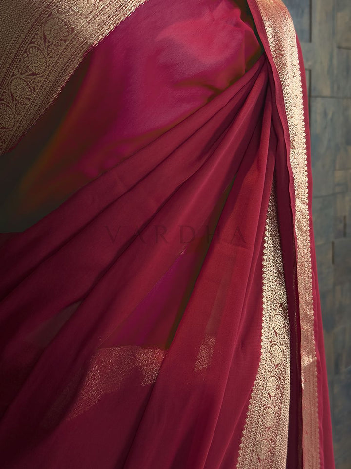 Maroon Georgette Feather Soft Saree with Gold Zari Work