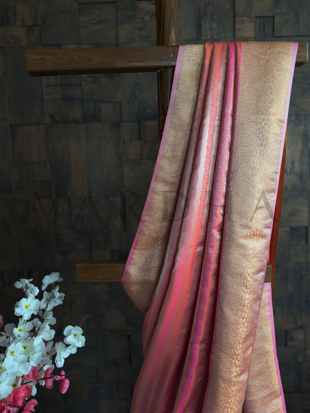 House of Vardha Tanchoi Silk Saree in Off White with Rich Satin Drape