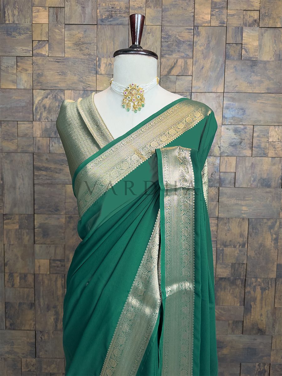 Green Georgette Feather Soft Saree with Gold Zari Work