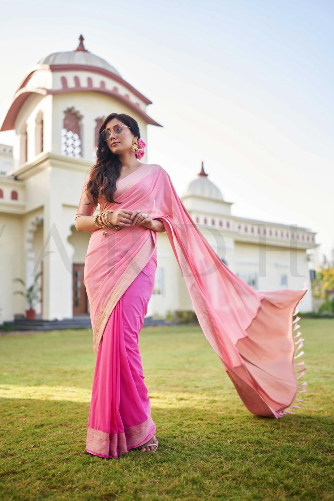 Fusion Pink Feather Soft Saree House of Vardha