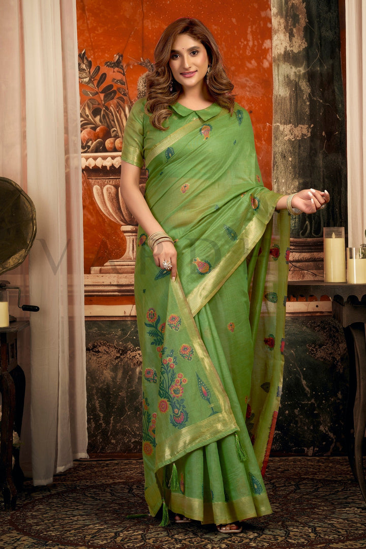 Green Cotton Saree with Gold Zari Border &amp; Tassels