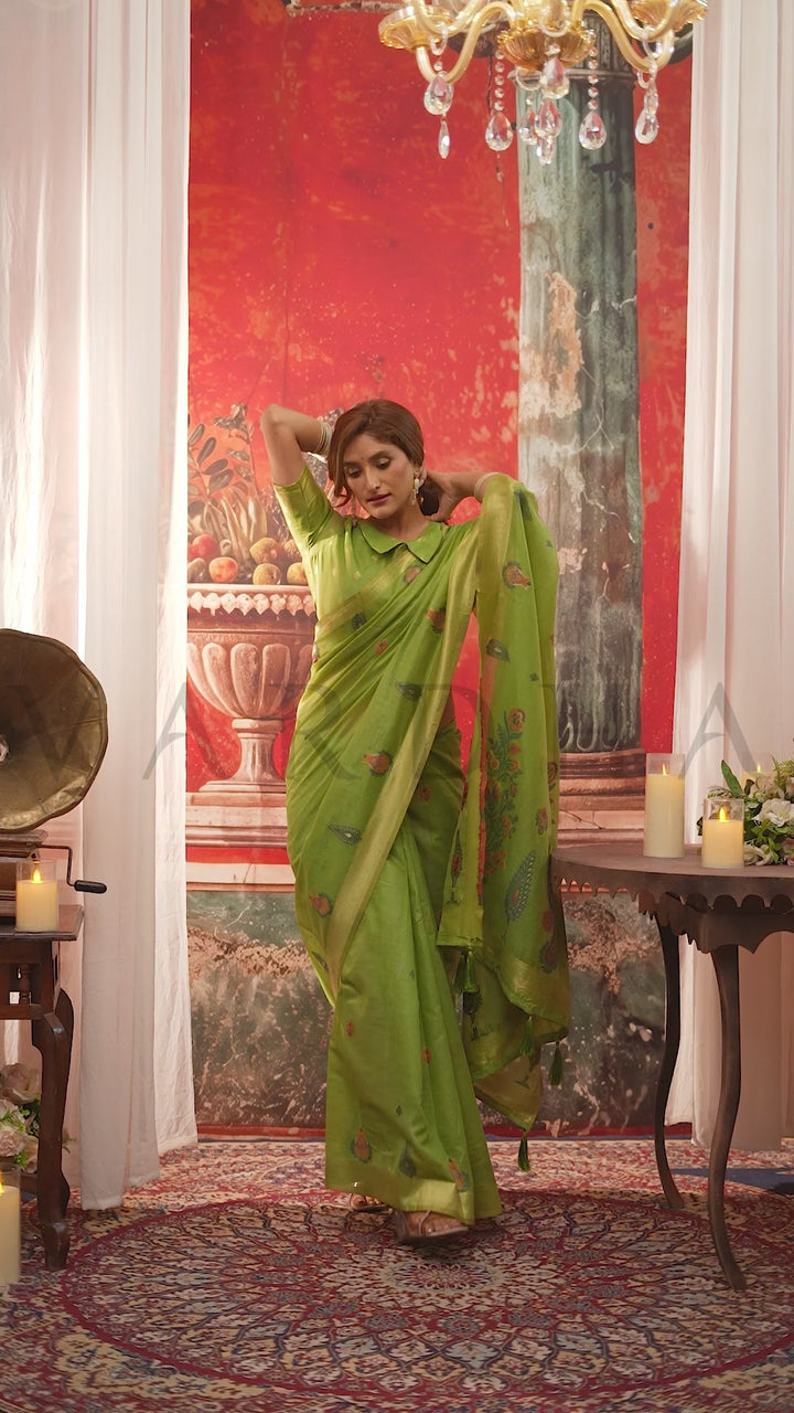 Green Cotton Saree with Gold Zari Border &amp; Tassels