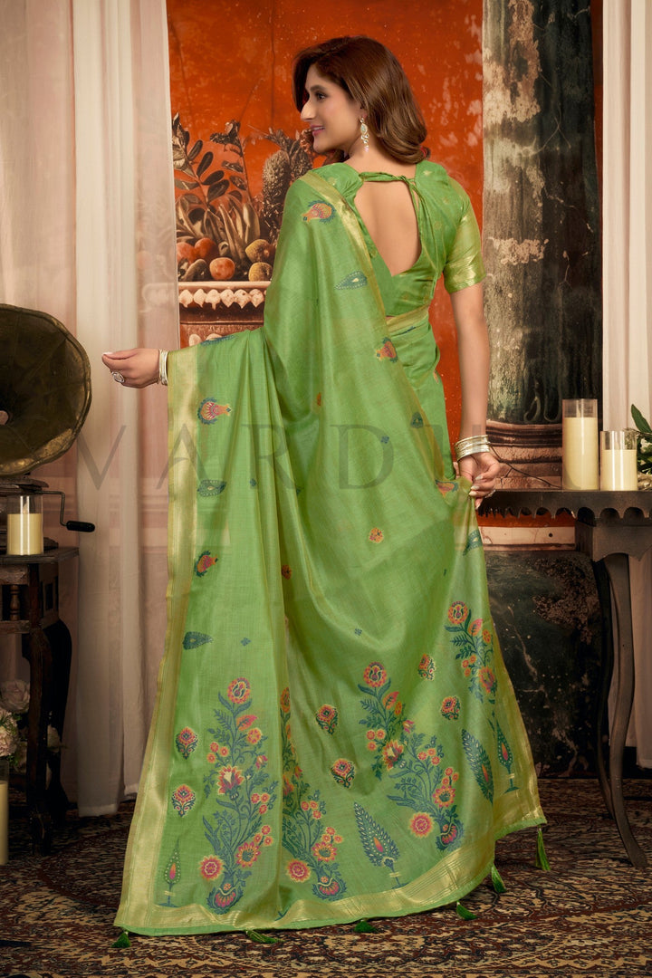 Green Cotton Saree with Gold Zari Border &amp; Tassels