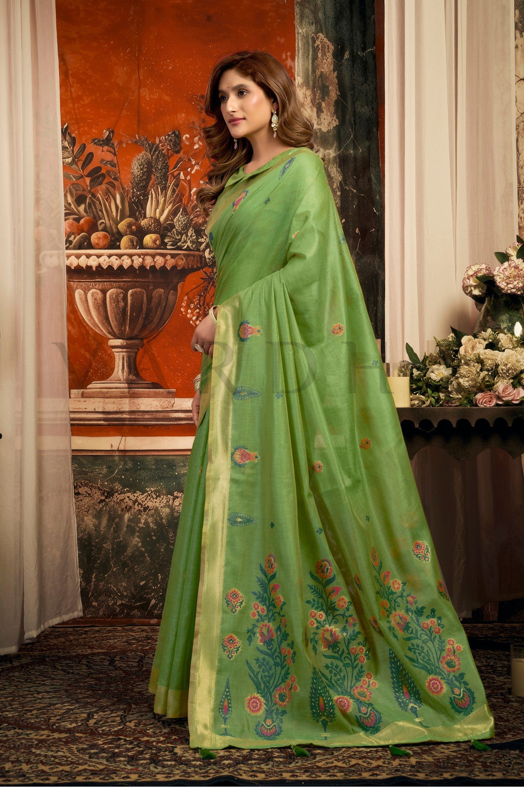 Green Cotton Saree with Gold Zari Border &amp; Tassels