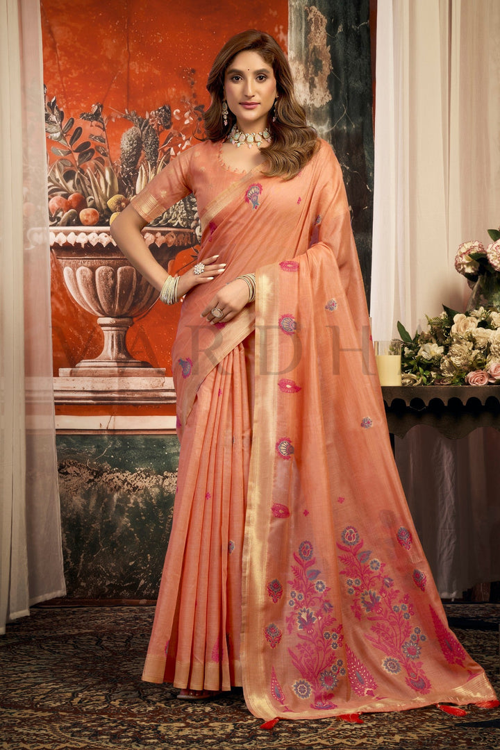 Soft Peach Cotton Saree with Gold Zari Border &amp; Tassels