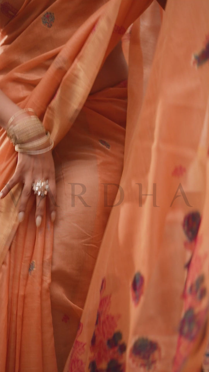 Soft Peach Cotton Saree with Gold Zari Border &amp; Tassels