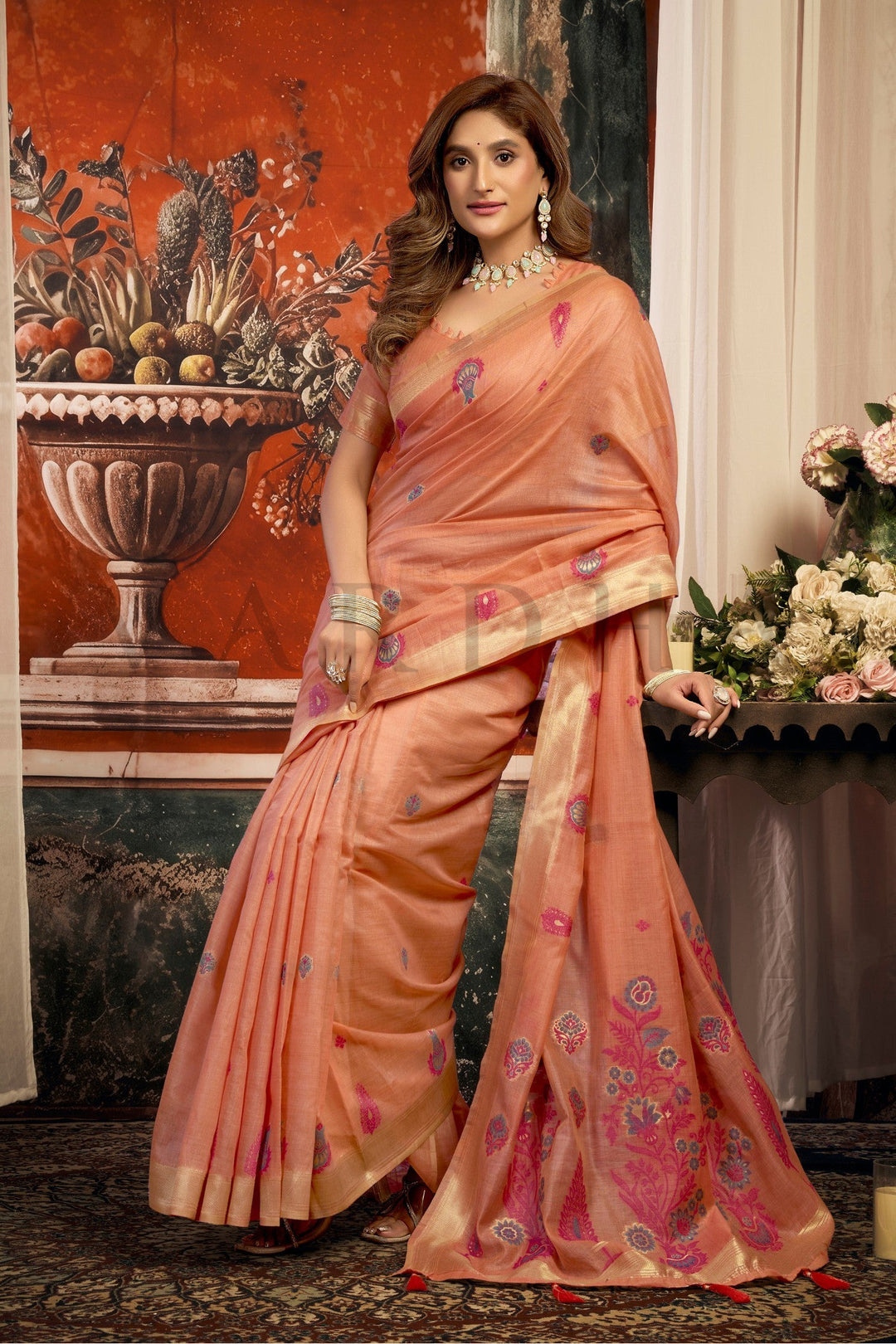 Soft Peach Cotton Saree with Gold Zari Border &amp; Tassels