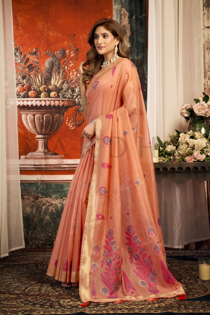 Soft Peach Cotton Saree with Gold Zari Border &amp; Tassels