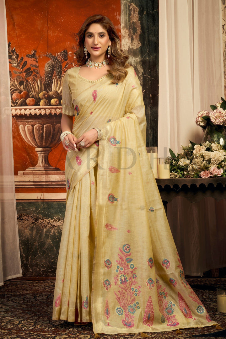 Cream Cotton Saree with Gold Zari Border &amp; Tassels