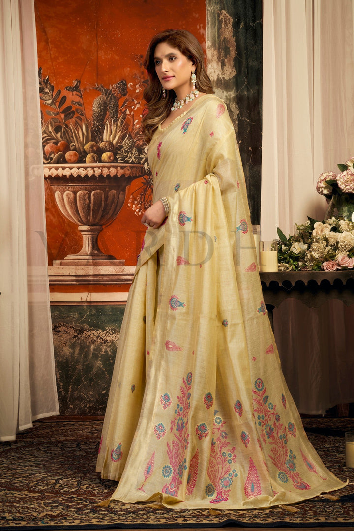 Cream Cotton Saree with Gold Zari Border &amp; Tassels