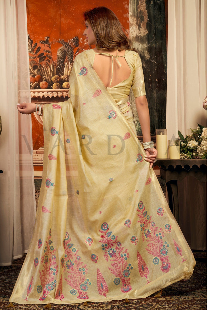 Cream Cotton Saree with Gold Zari Border &amp; Tassels