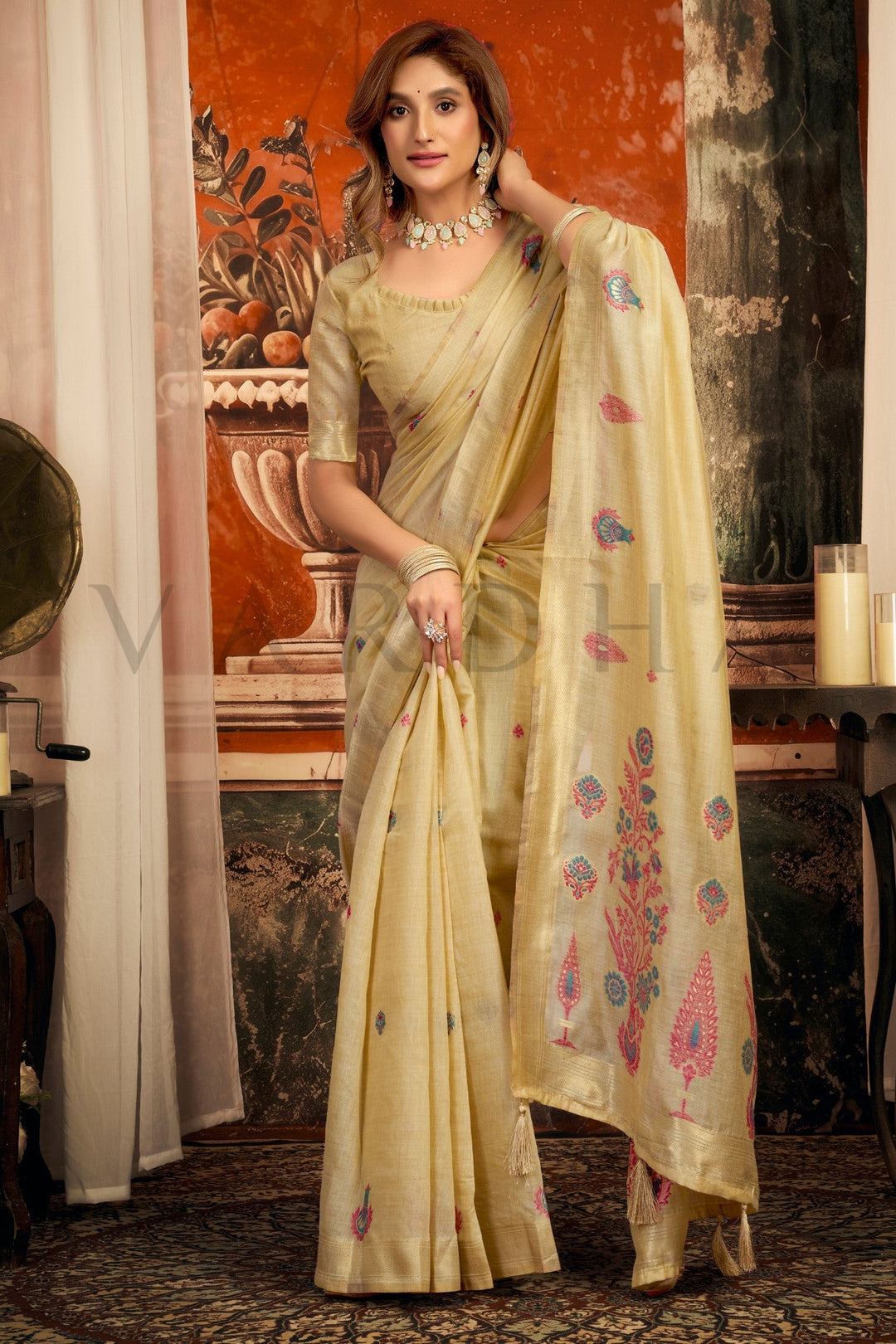 Cream Cotton Saree with Gold Zari Border &amp; Tassels