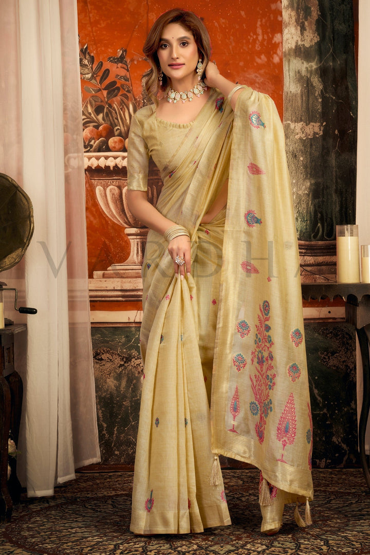 Cream Cotton Saree with Gold Zari Border &amp; Tassels