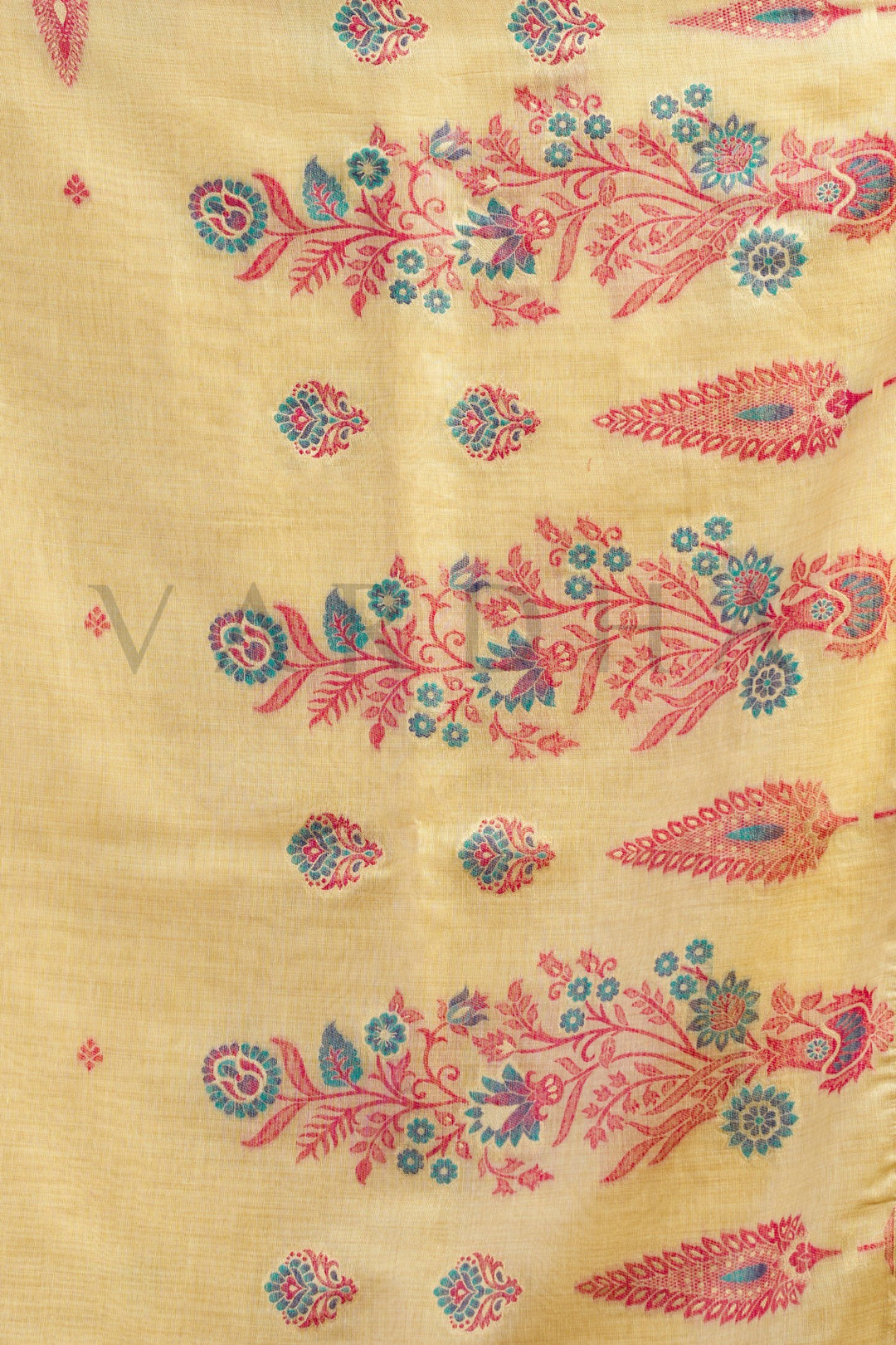 Cream Cotton Saree with Gold Zari Border &amp; Tassels