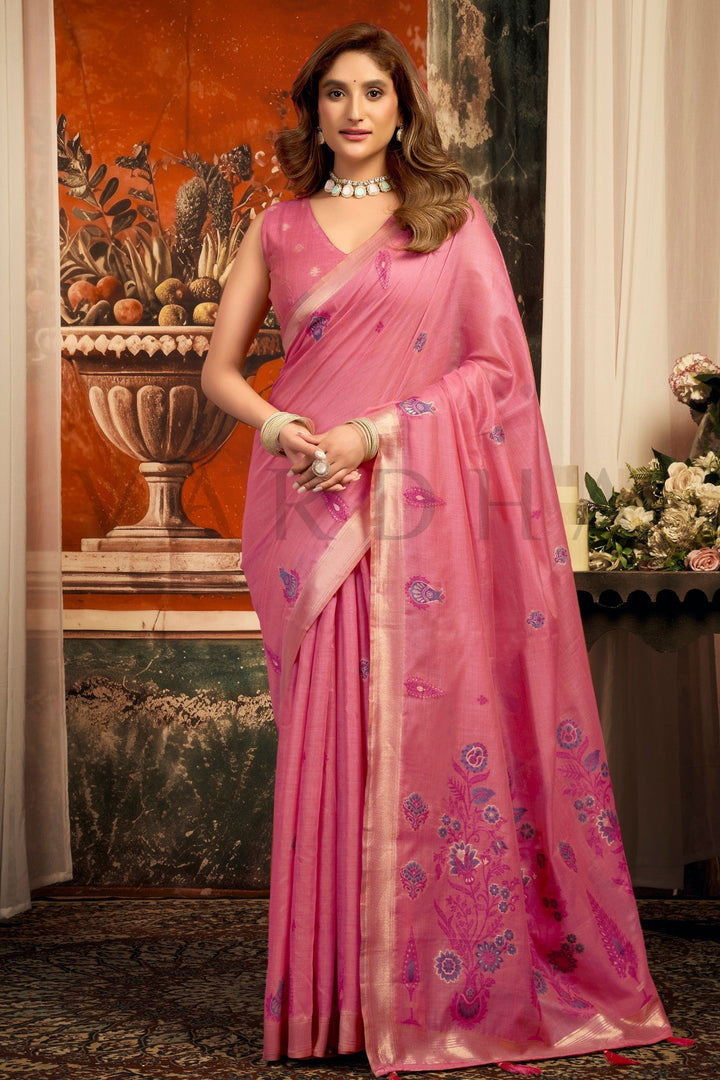Rose Pink Cotton Saree with Gold Zari Border &amp; Tassels