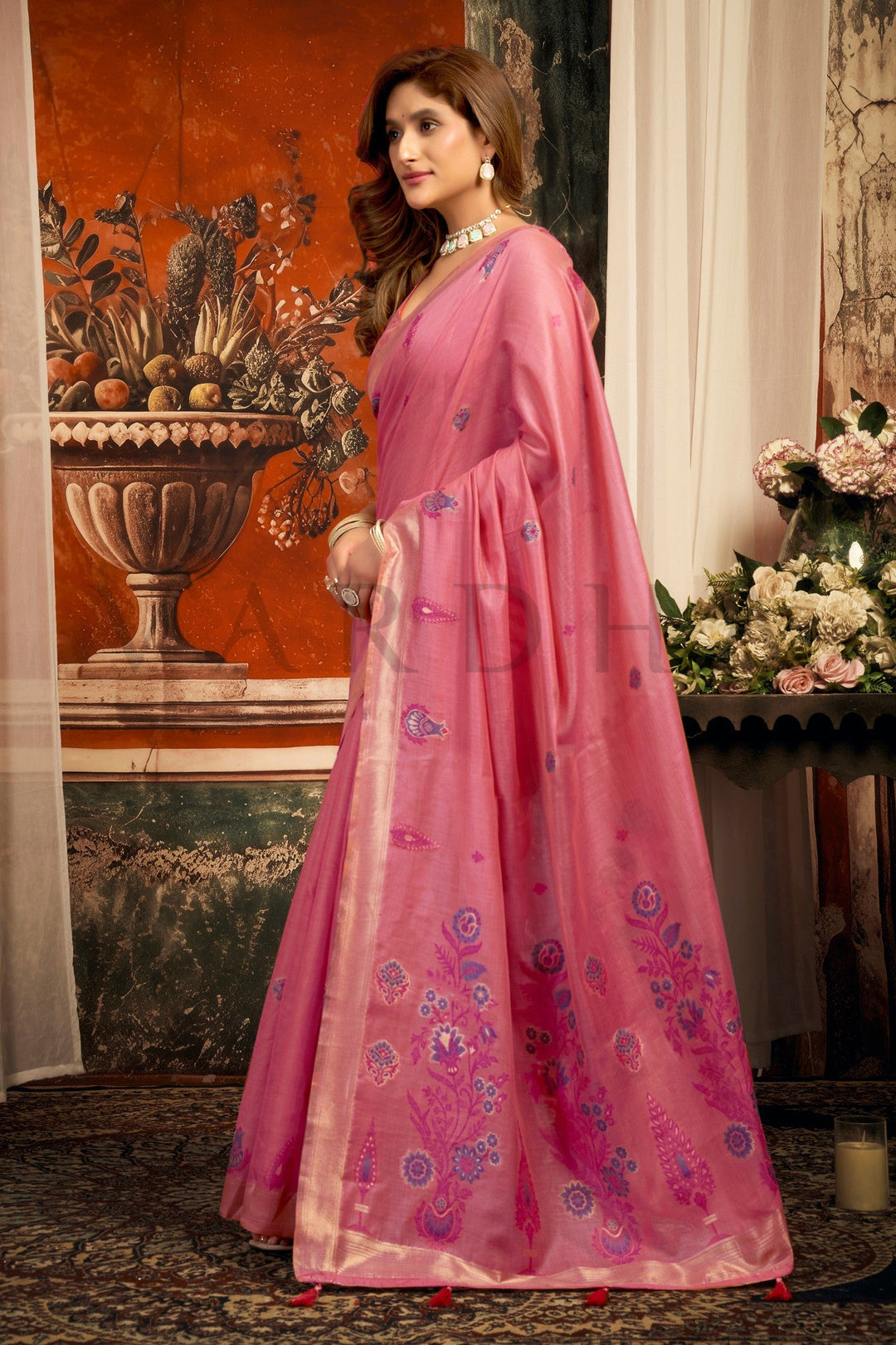 Rose Pink Cotton Saree with Gold Zari Border &amp; Tassels