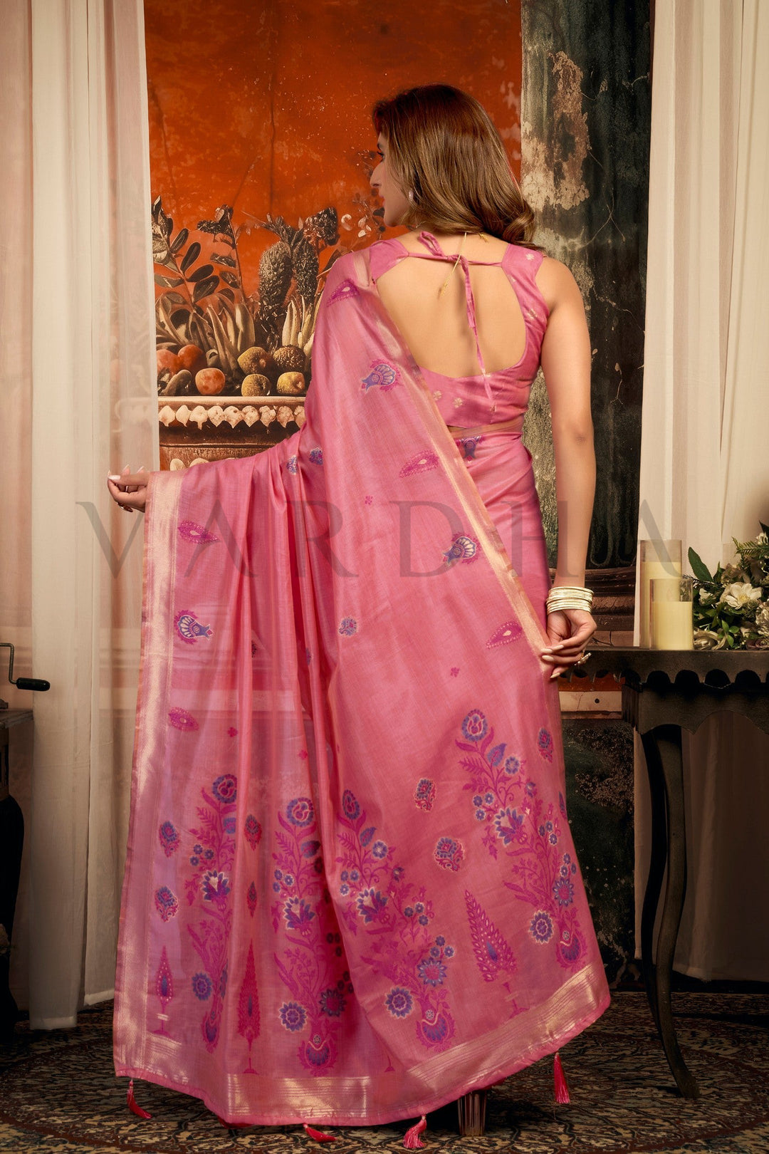 Rose Pink Cotton Saree with Gold Zari Border &amp; Tassels