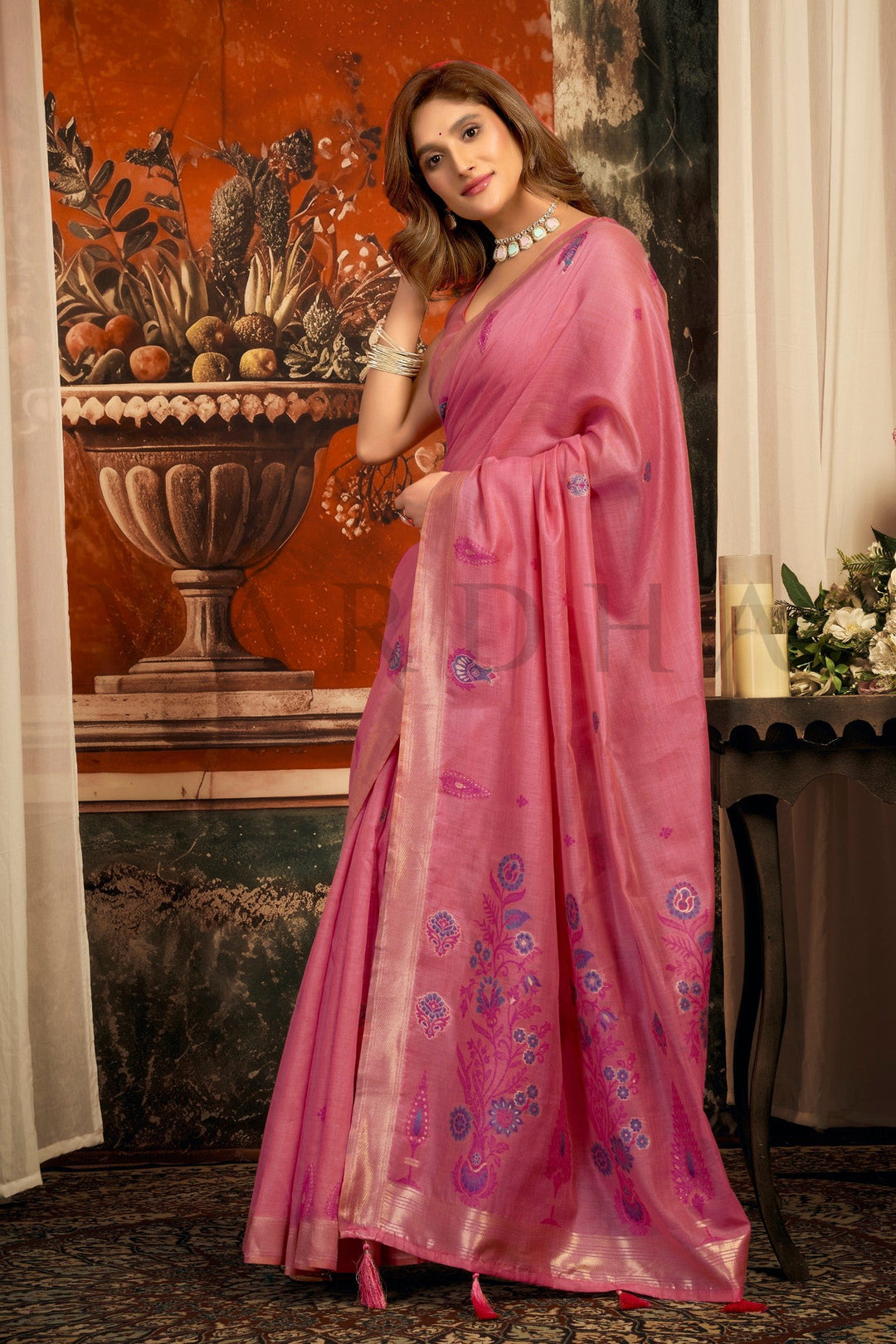 Rose Pink Cotton Saree with Gold Zari Border &amp; Tassels
