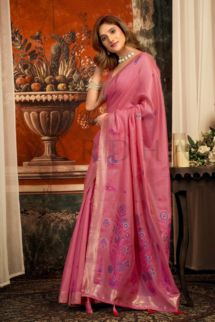 Rose Pink Cotton Saree with Gold Zari Border &amp; Tassels