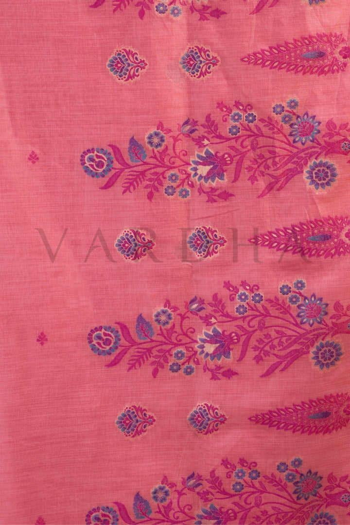 Rose Pink Cotton Saree with Gold Zari Border &amp; Tassels