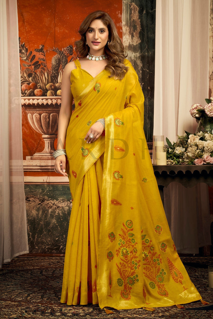 Mustard Yellow Cotton Saree with Gold Zari Border &amp; Tassels