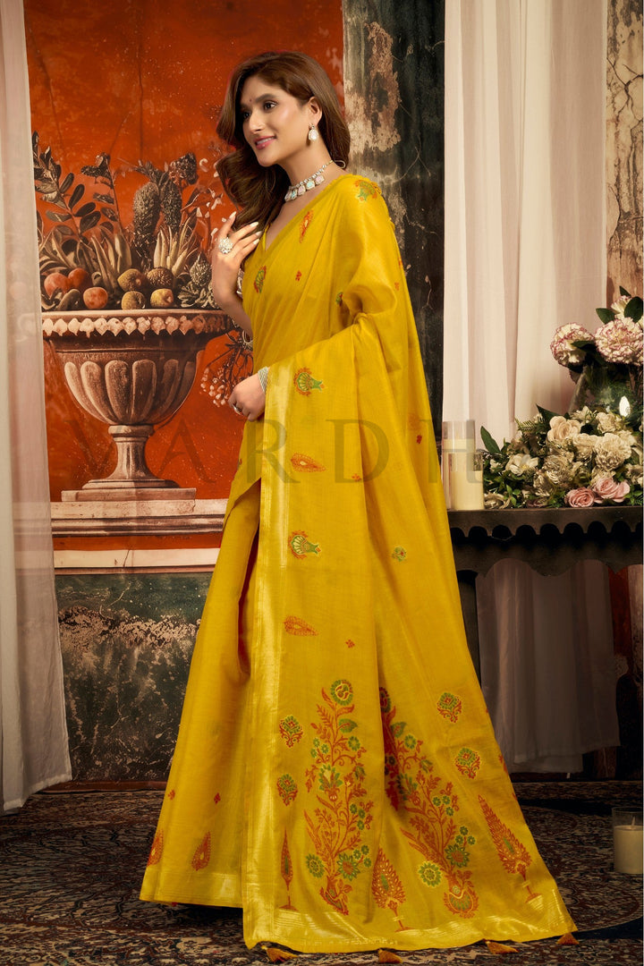 Mustard Yellow Cotton Saree with Gold Zari Border &amp; Tassels