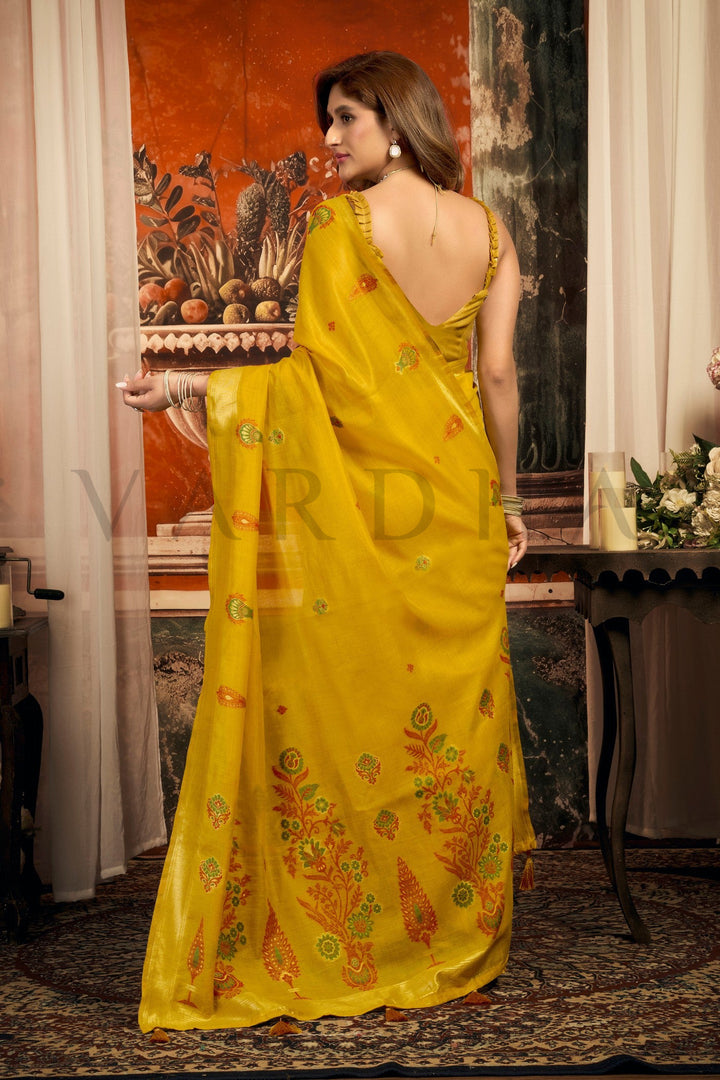 Mustard Yellow Cotton Saree with Gold Zari Border &amp; Tassels