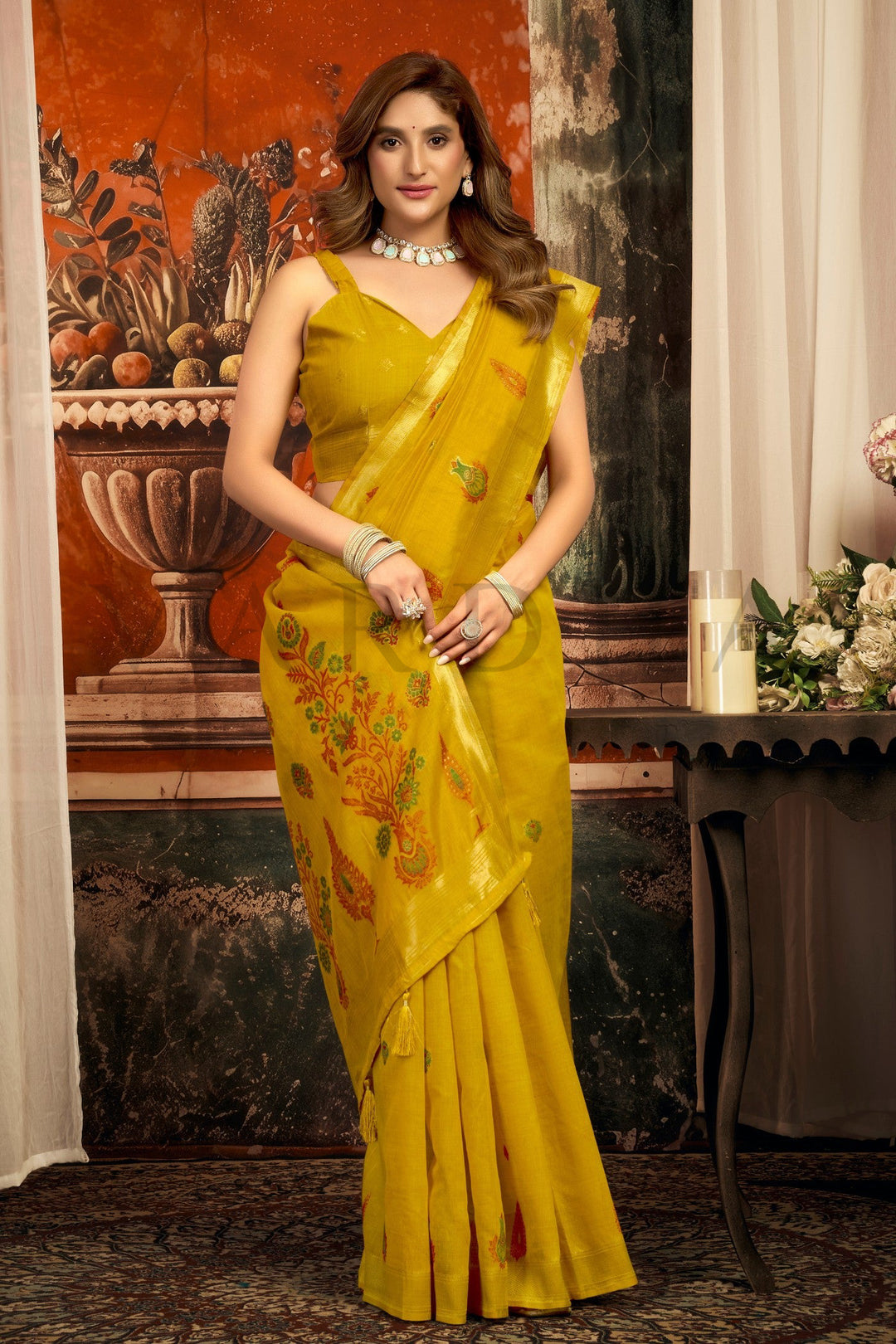 Mustard Yellow Cotton Saree with Gold Zari Border &amp; Tassels