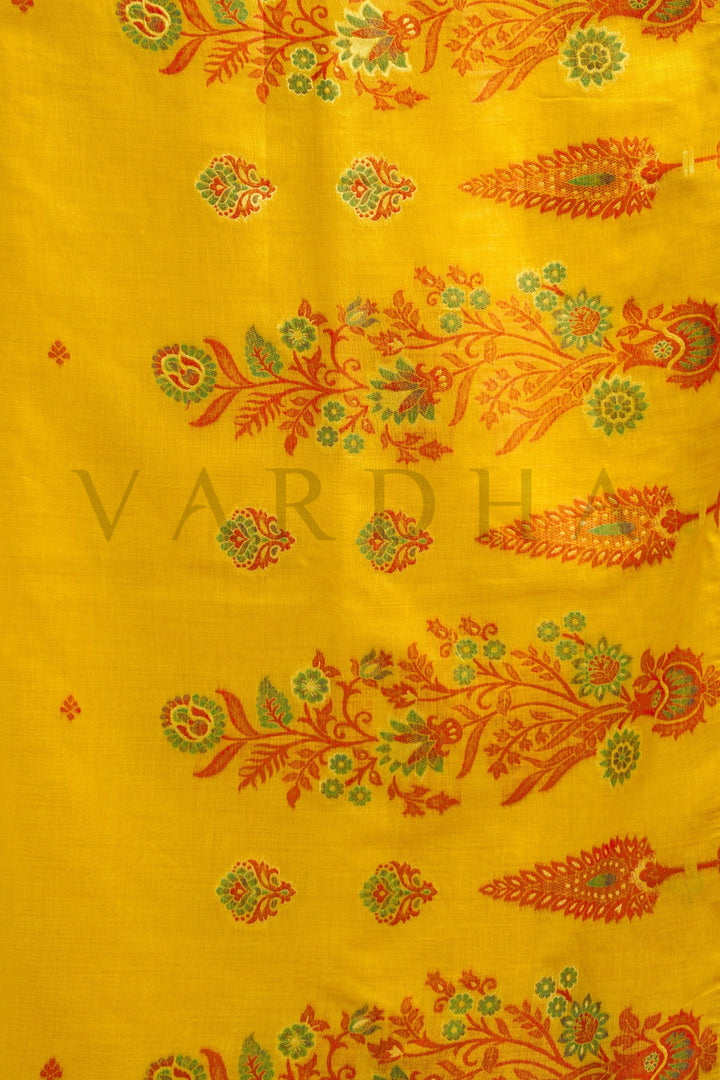 Mustard Yellow Cotton Saree with Gold Zari Border &amp; Tassels