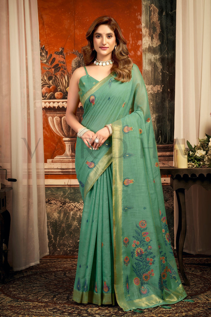 Mint Green Cotton Saree with Gold Zari Border &amp; Tassels