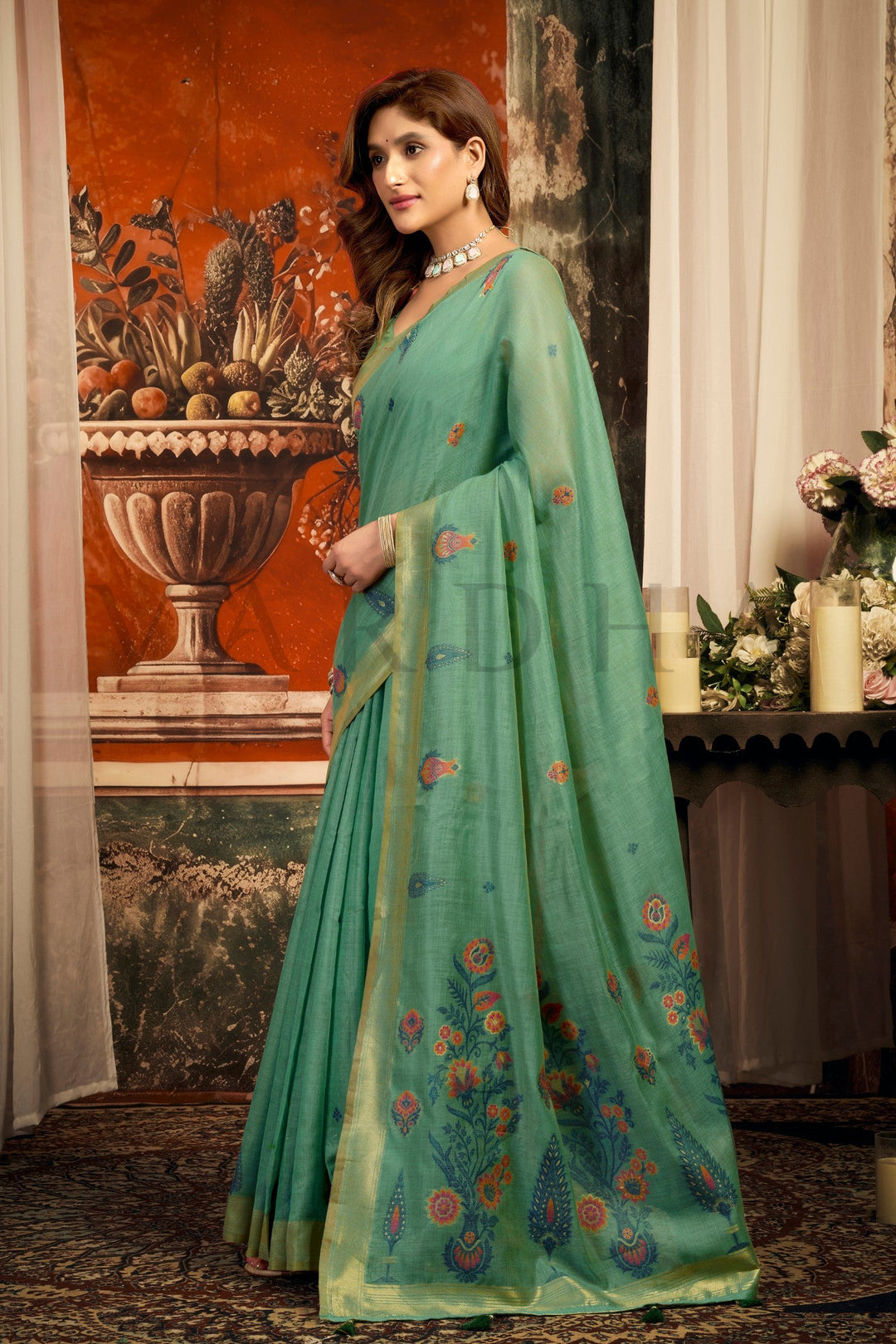 Mint Green Cotton Saree with Gold Zari Border &amp; Tassels