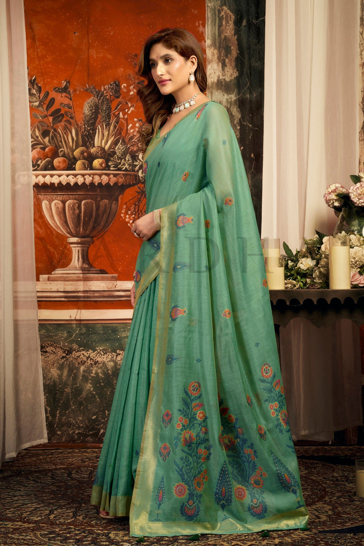 Mint Green Cotton Saree with Gold Zari Border &amp; Tassels