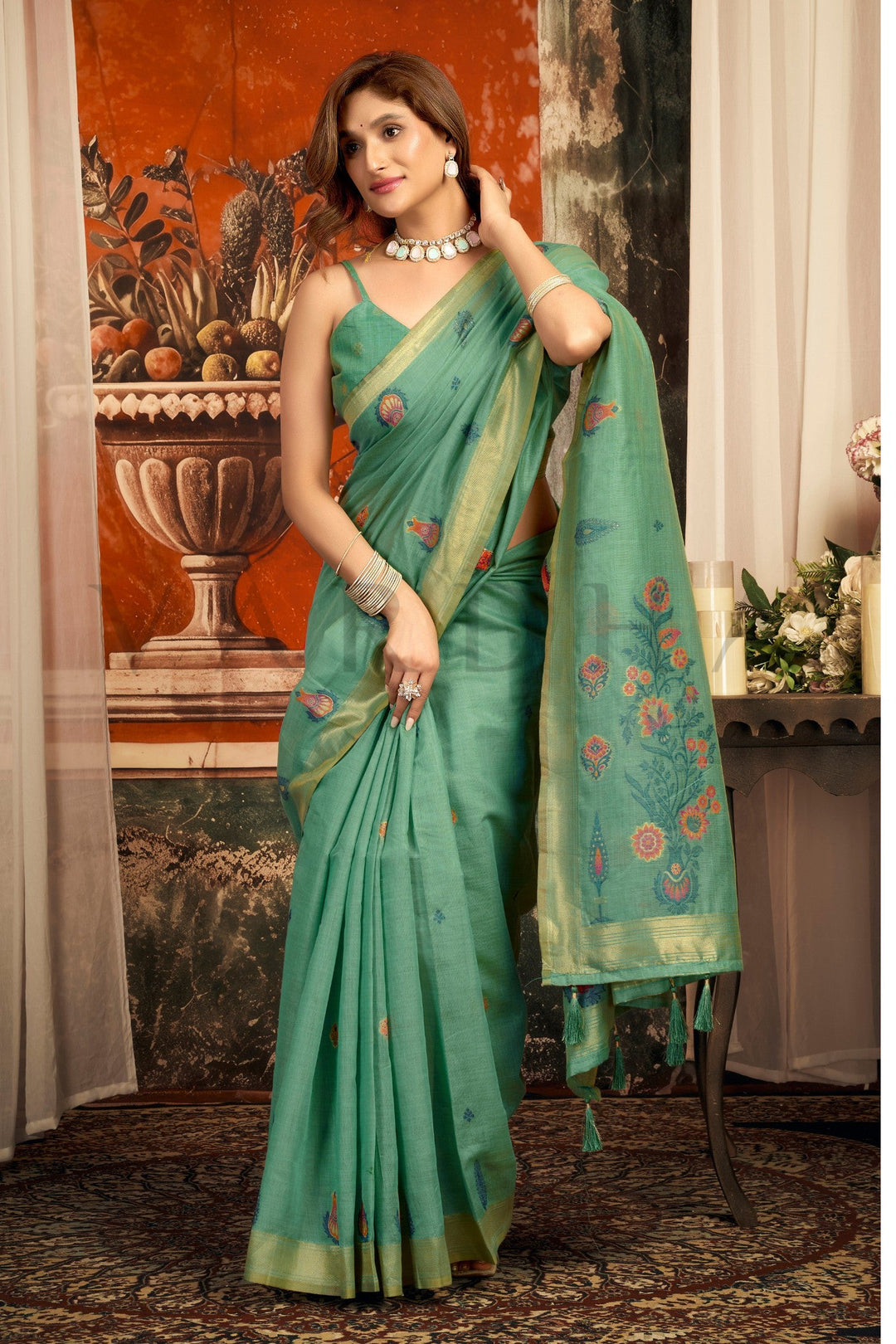Mint Green Cotton Saree with Gold Zari Border &amp; Tassels