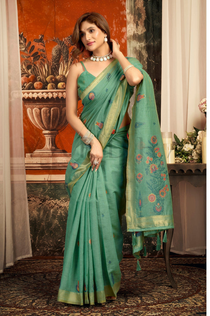 Mint Green Cotton Saree with Gold Zari Border &amp; Tassels