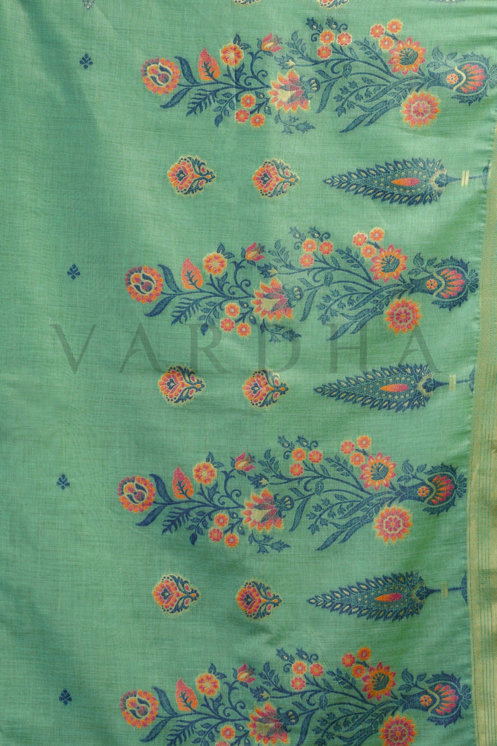 Mint Green Cotton Saree with Gold Zari Border &amp; Tassels
