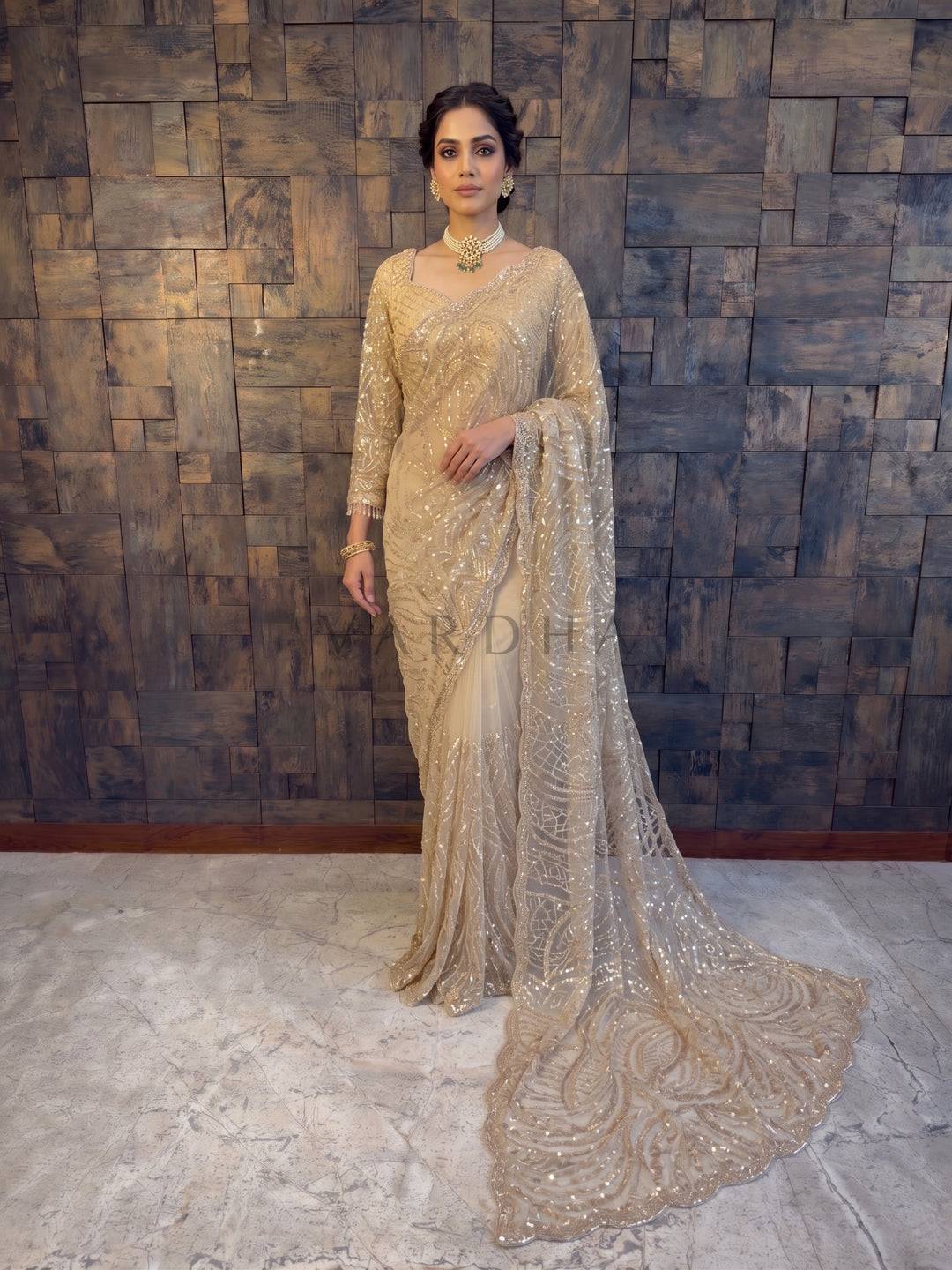 Beige Net Handwork Saree with Heavy Silver Cutdana &amp; Sequin Embroidery