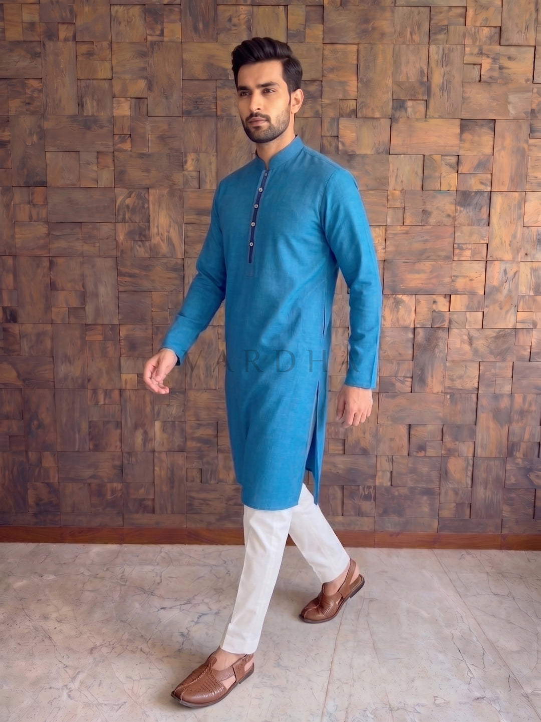Peacock Blue Textured Cotton Kurta with Contrast Placket