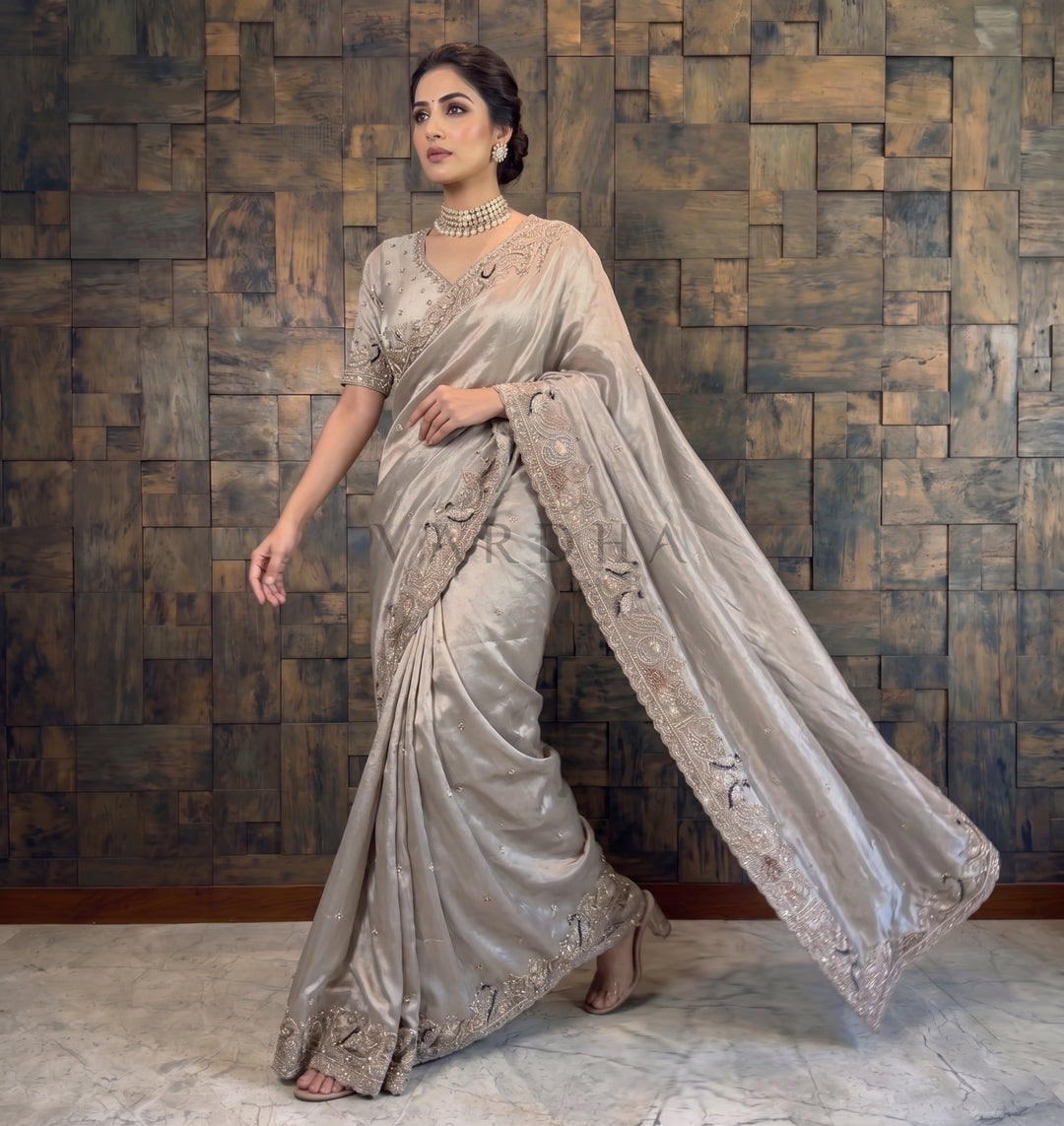Grey Tissue Silk Handwork Saree with Heavy Cutdana &amp; Peacock Embroidery