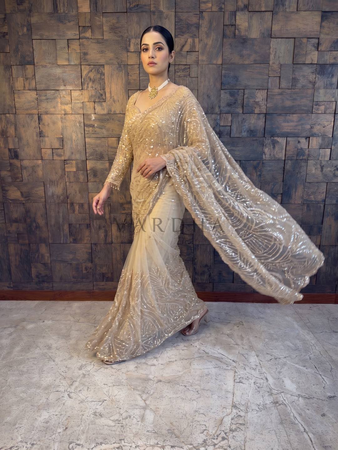 Beige Net Handwork Saree with Heavy Silver Cutdana &amp; Sequin Embroidery