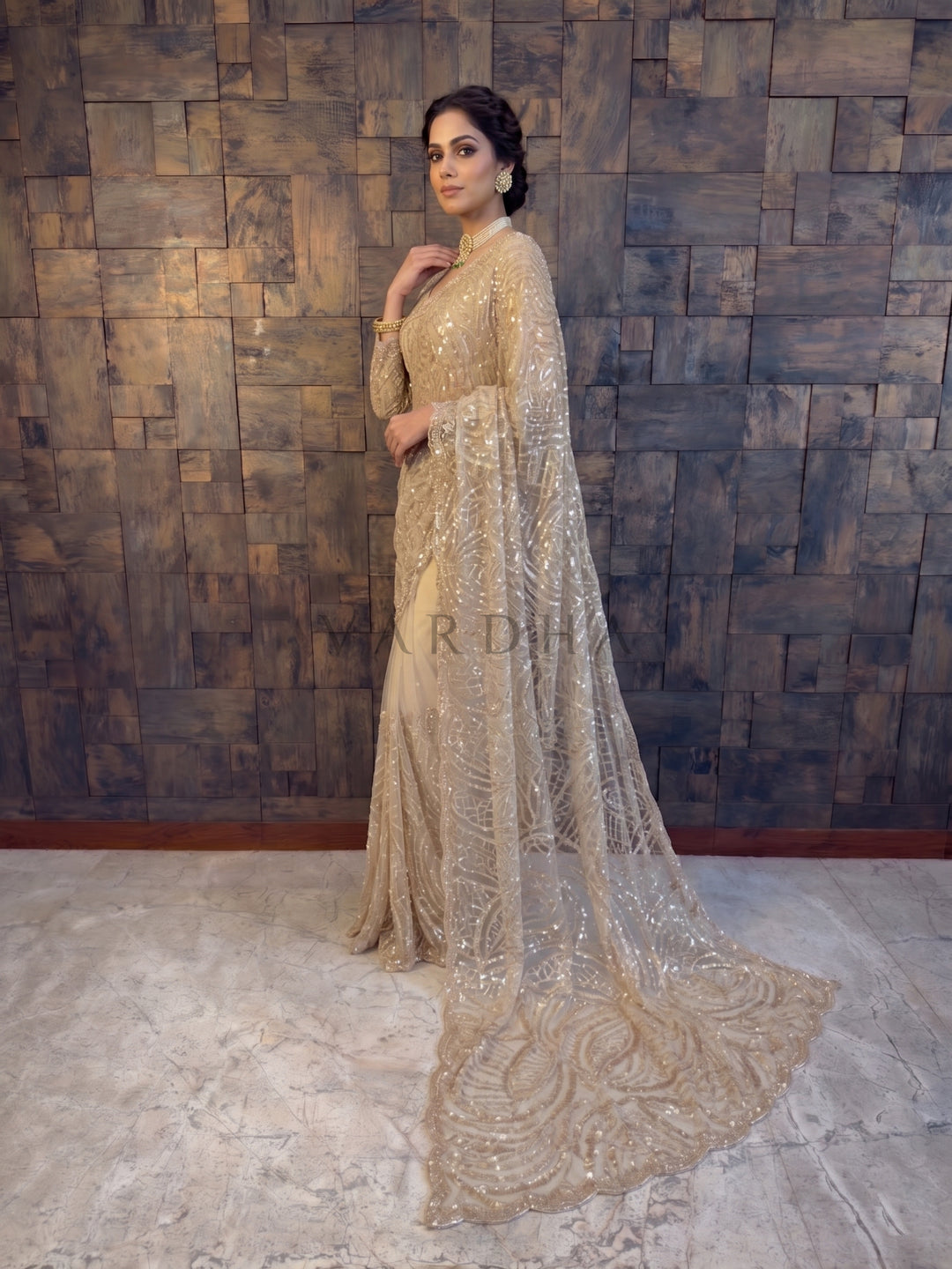 Beige Net Handwork Saree with Heavy Silver Cutdana &amp; Sequin Embroidery
