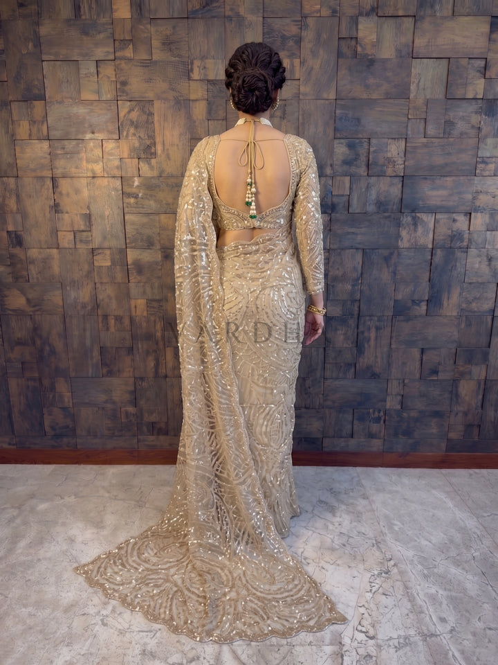 Beige Net Handwork Saree with Heavy Silver Cutdana &amp; Sequin Embroidery